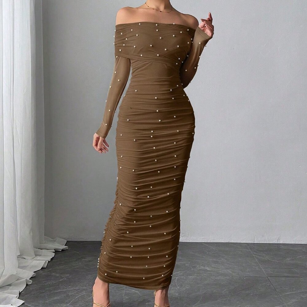 Coffee Brown Elegant Women's Off-Shoulder Pearl Decor Ruffle Maxi Dress